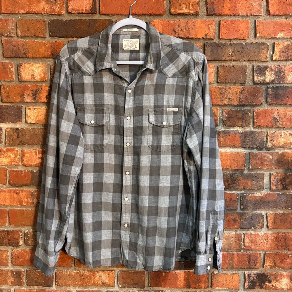 Lucky Brand mens plaid pearl snap western cowboy casual flannel shirt gray L